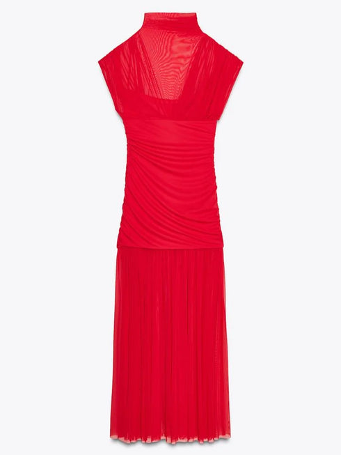 Elegant Mesh Patchwork Pleated Long Skirt Dress for Women Slim Evening Party Maxi Dress